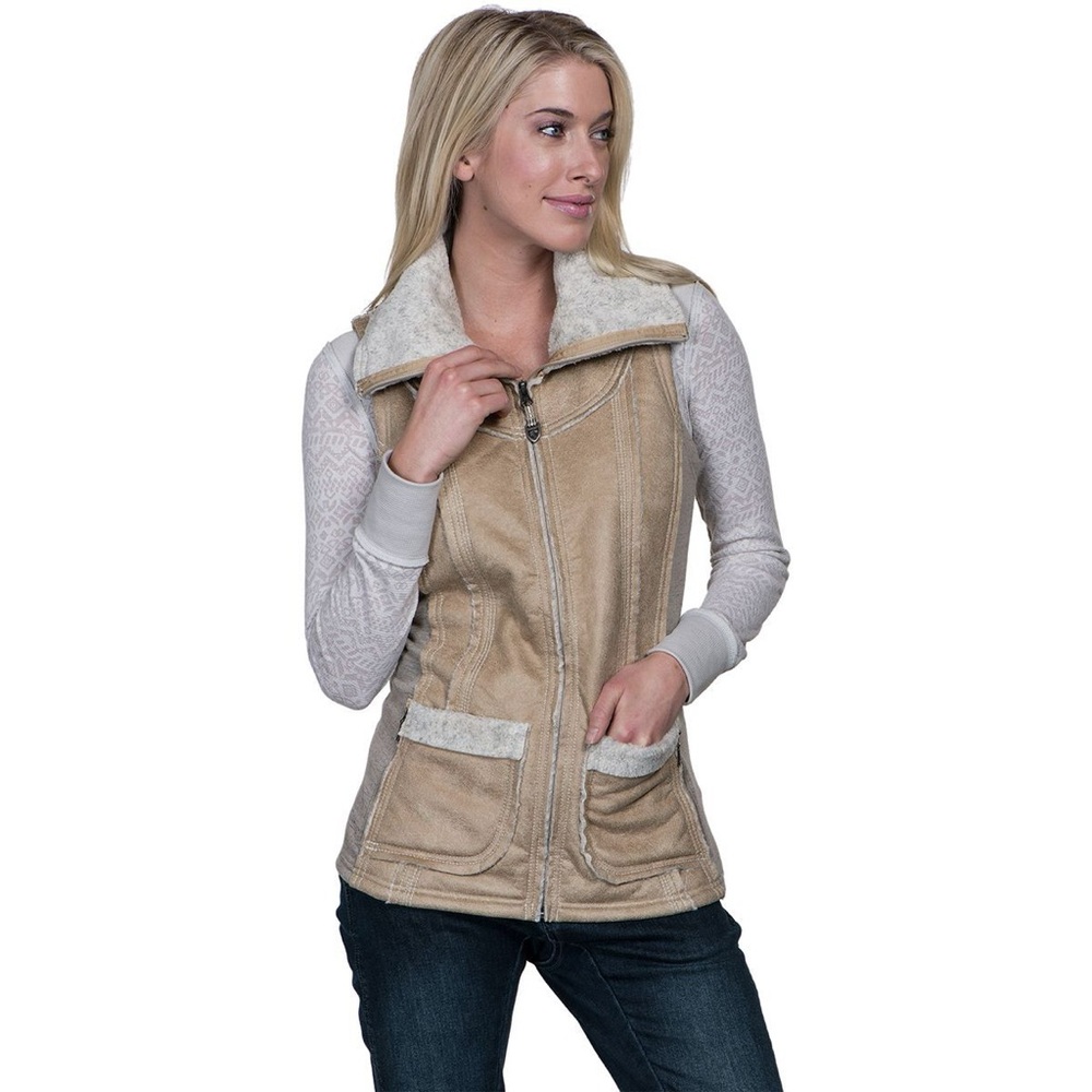 KUHL Dani Sherpa Vest Jacket Tan Almond Faux Leather Wool Fleece Ivory 2088 SZ M